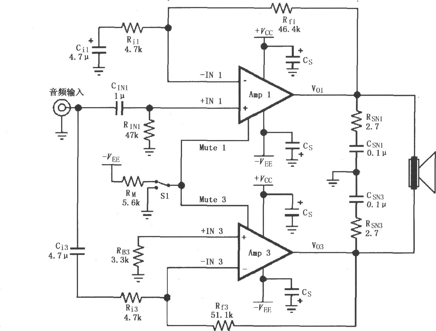 由LM4781内部两个放大器构成的电桥输出的音频功