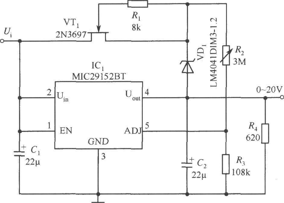 MIC29152BT构成的输出电压0～20V连续可调