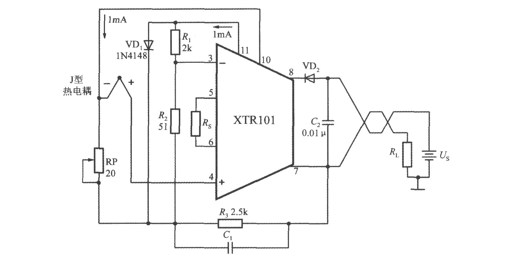 由精密电流变送器XTR101构成带冷端温
