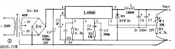 L4960制作5-12V连续可调稳压电源电路图