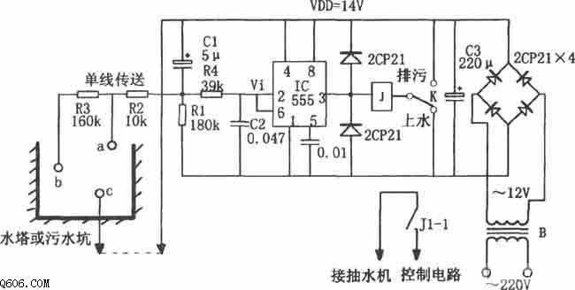 555构成的水位和排污控制器电路图